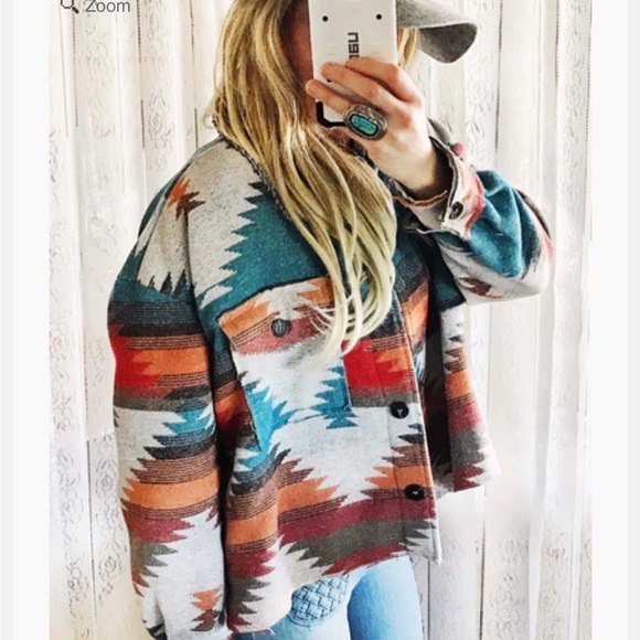Womens Aztec Shacket Jacket Loose Vintage Boho Wool Blend Coat Button Down Shirt - Picture 9 of 9
